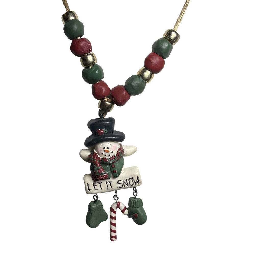 Vintage 90s Crafted Handmade Christmas Holiday Snowman Necklace Beaded Gift Xmas